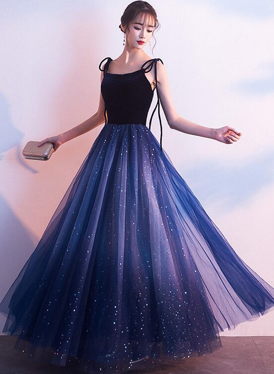 Blauer Tüll mit Samtträgern, langes Partykleid, wunderschönes formelles Kleid gh551