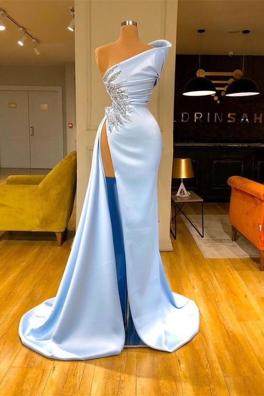 Robe de bal longue sirène sans manches bleu ciel avec perles gh717