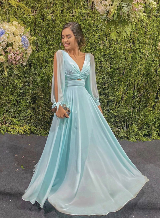Blue v neck chiffon long prom dress evening dress gh832