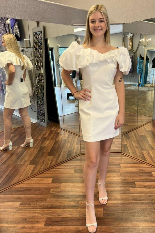 White Off-the-Shoulder Ruffled Short Cocktail Dress gh1263