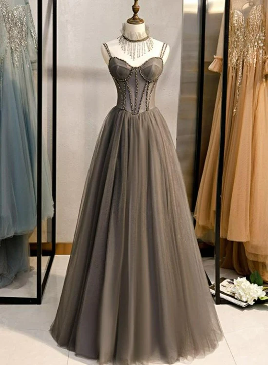 Glam Grey Beaded Tulle Long Evening Dress Party Dress, A-Line Straps Evening Formal Dresses Prom dress gh17