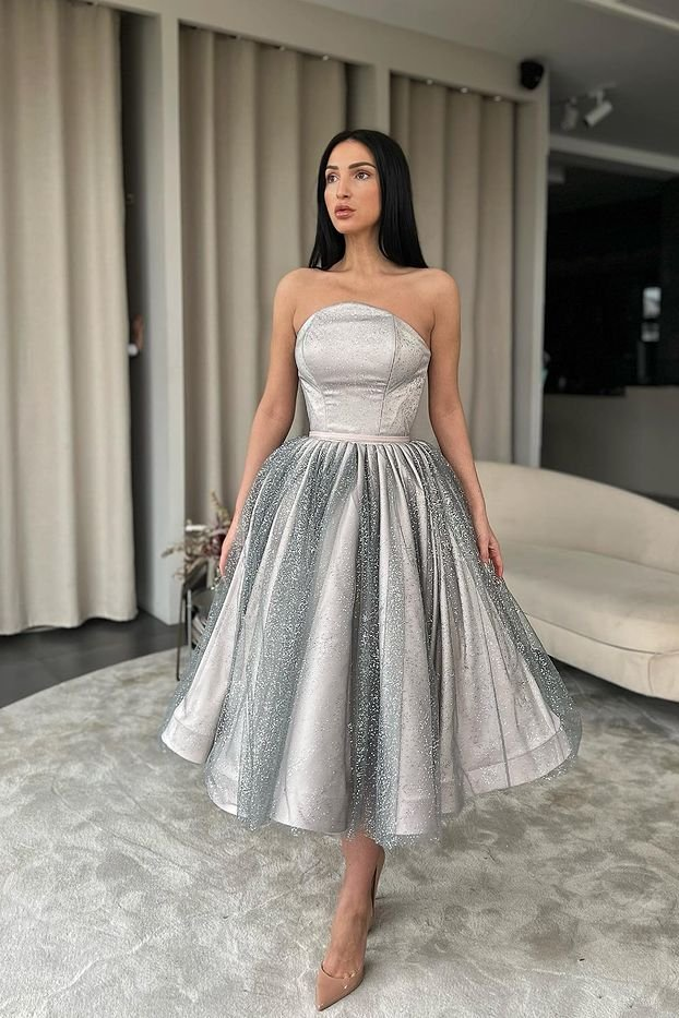 Silver Strapless A-Line Short Prom Dress With Sequins gh658