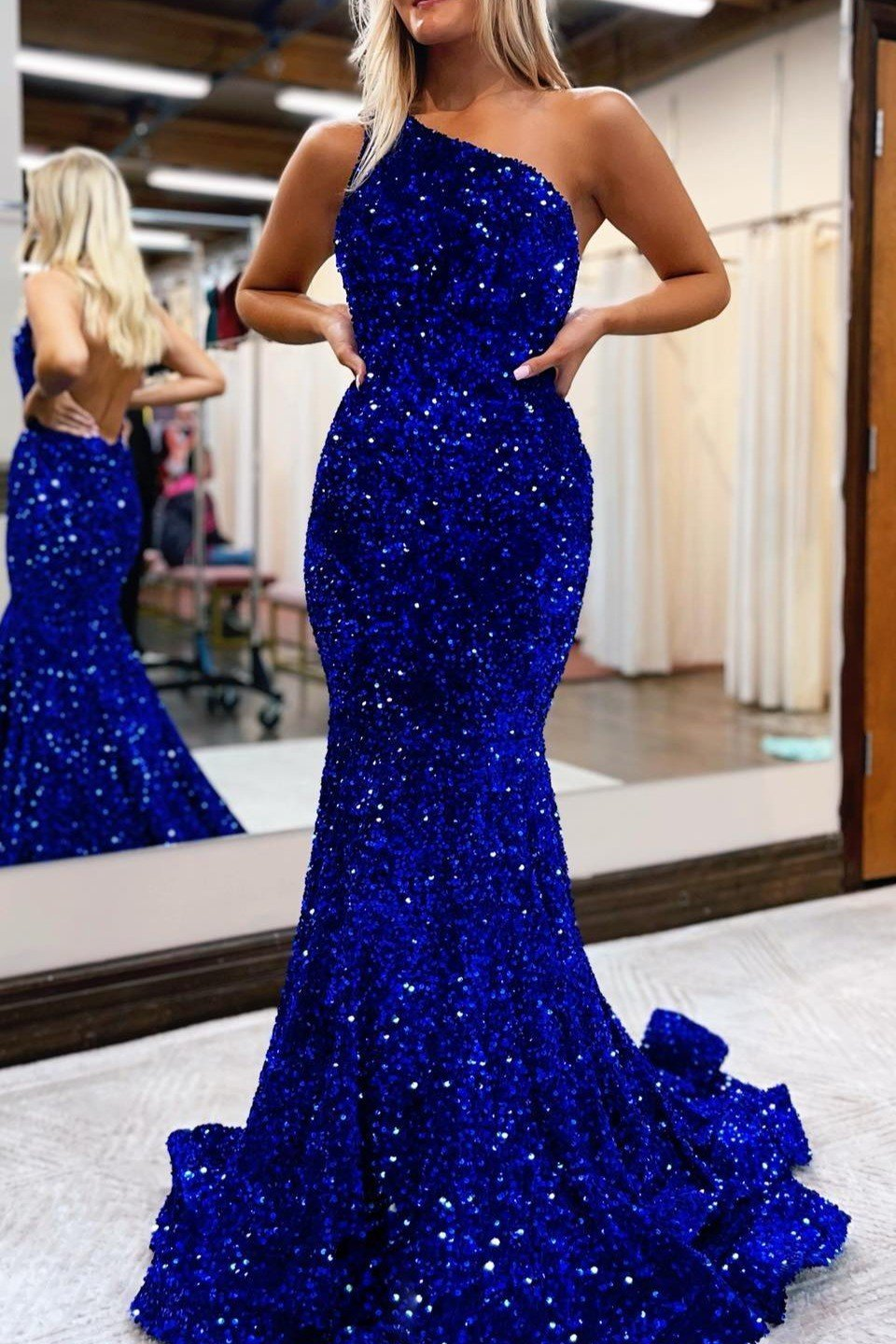 Royal Blue One-Shoulder Mermaid Prom Dress With Sequins gh751