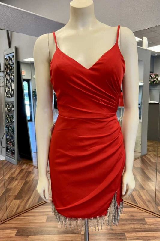 Red V-Neck Ruched Fringe Short Homecoming Dress gh1283