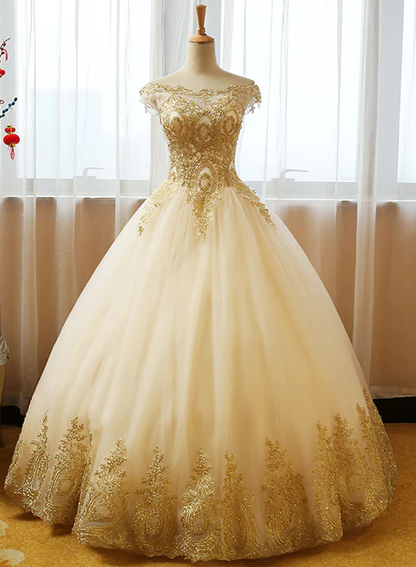 Beautiful Champagne With Gold Applique Long Party Dress, Sweet 16 Dresses  gh354