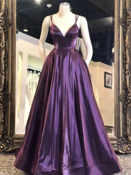 V Neck Purple Satin Long Prom Dresses, Purple Formal Graduation Evening Dresses gh1167