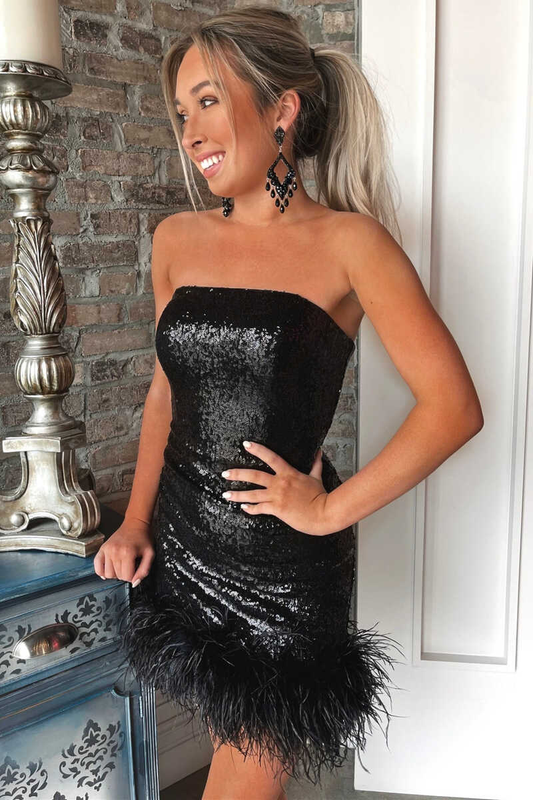 Black Sequin Strapless Feathered Short Party Dress  gh1287
