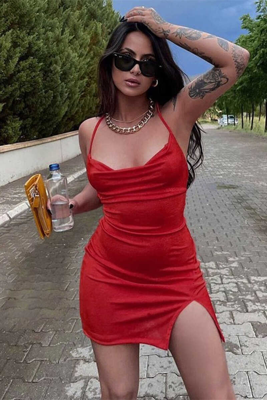 Red Cowl-Neck Lace-Up Bodycon Short Party Dress with Slit gh1310