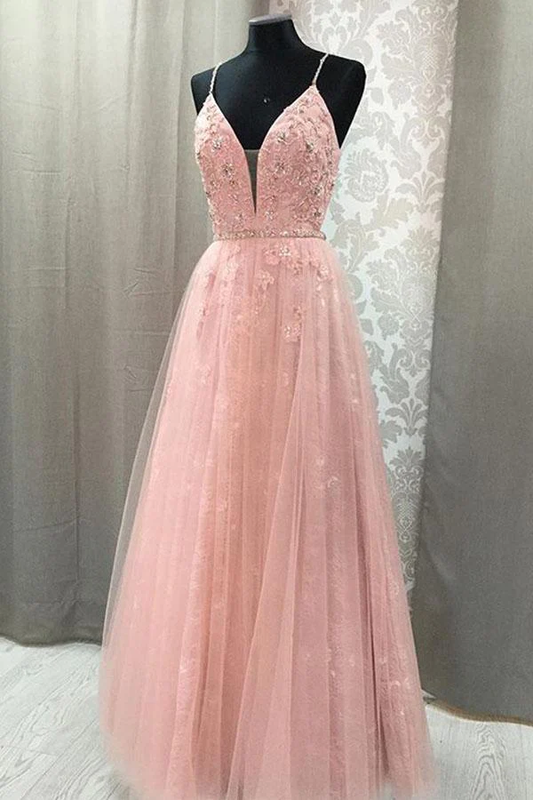 A-Line V Neck Spaghetti Straps Open Back Blush Lace Appliques Long Prom Dresses gh1018