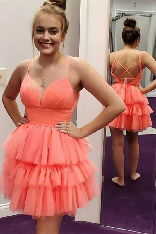 Cute Coral Plunge V Lace-Up Tiered Short Homecoming Dress gh1297
