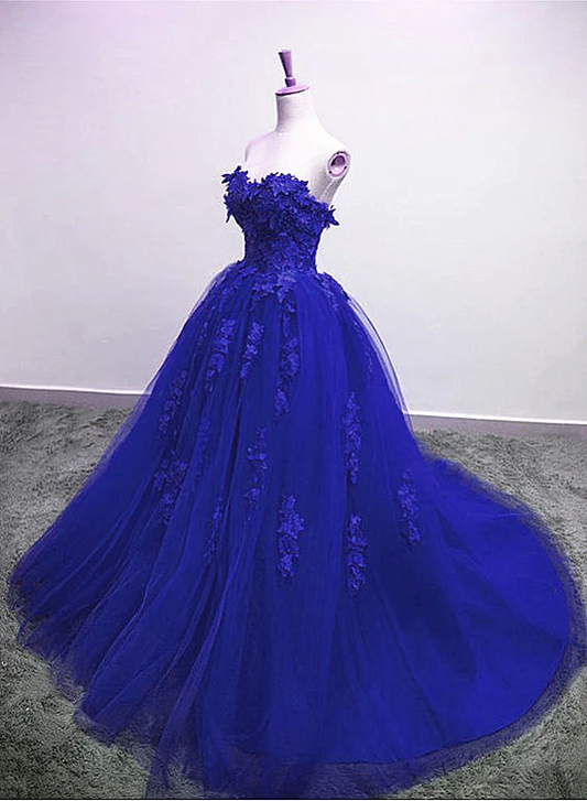 Robe de bal longue en tulle bleu royal sans bretelles, robe de soirée bleue gh118