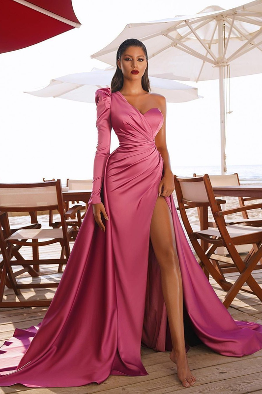 One Shoulder Long Sleeves Prom Dres With Split  gh700