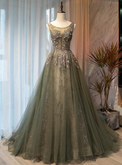 Belle robe de bal en tulle avec appliques vert clair à encolure ronde, robe longue noire basse de soirée gh92
