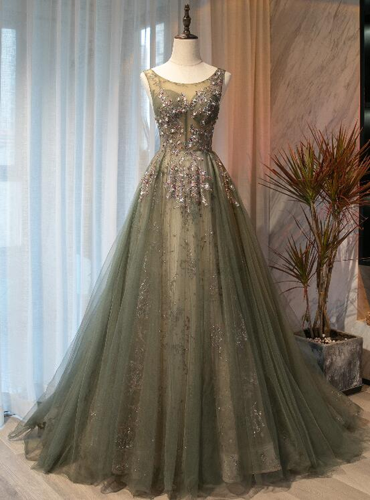 Belle robe de bal en tulle avec appliques vert clair à encolure ronde, robe longue noire basse de soirée gh92