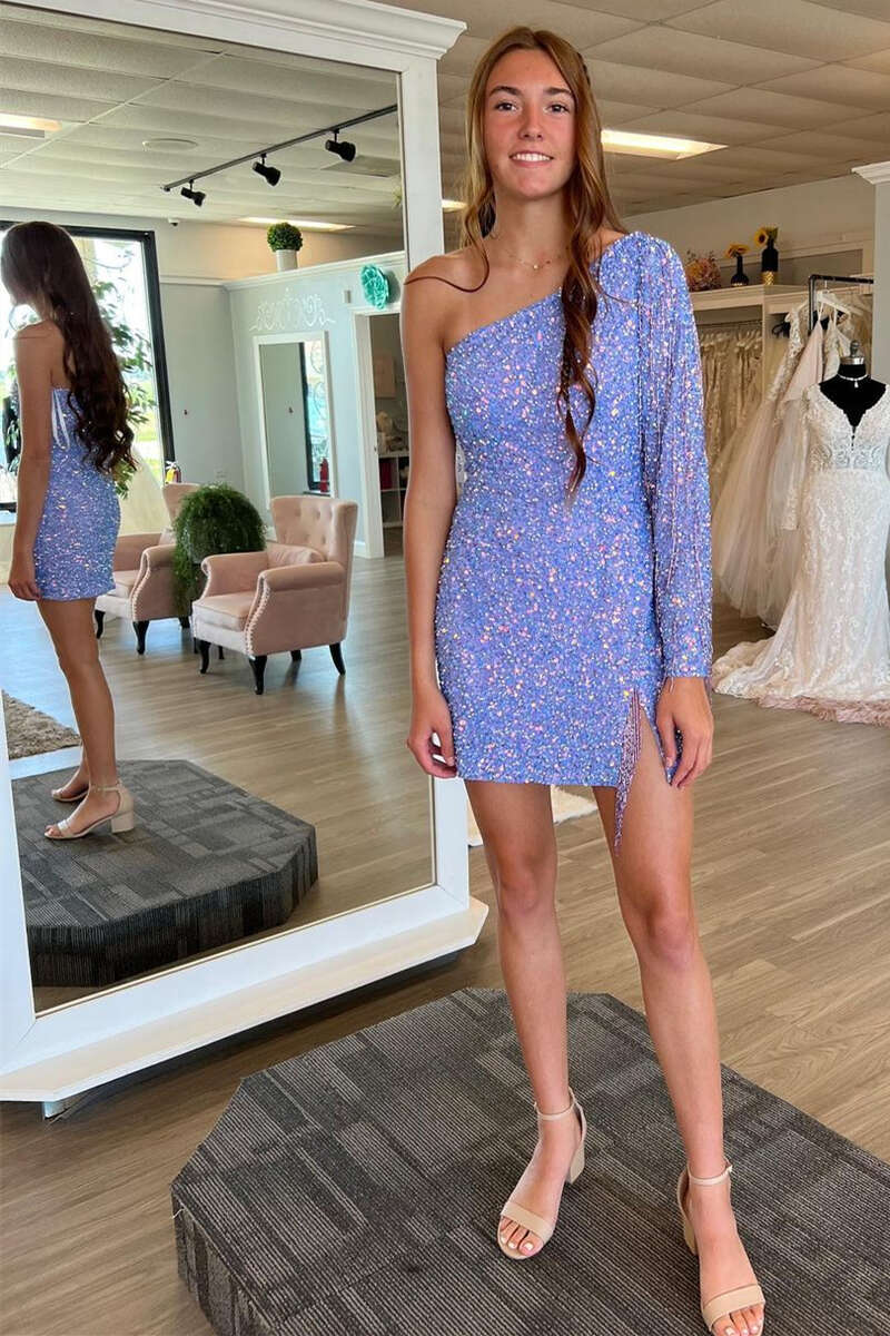 Periwinkle Sequin One Sleeve Fringe Short Homecoming Dress gh1230