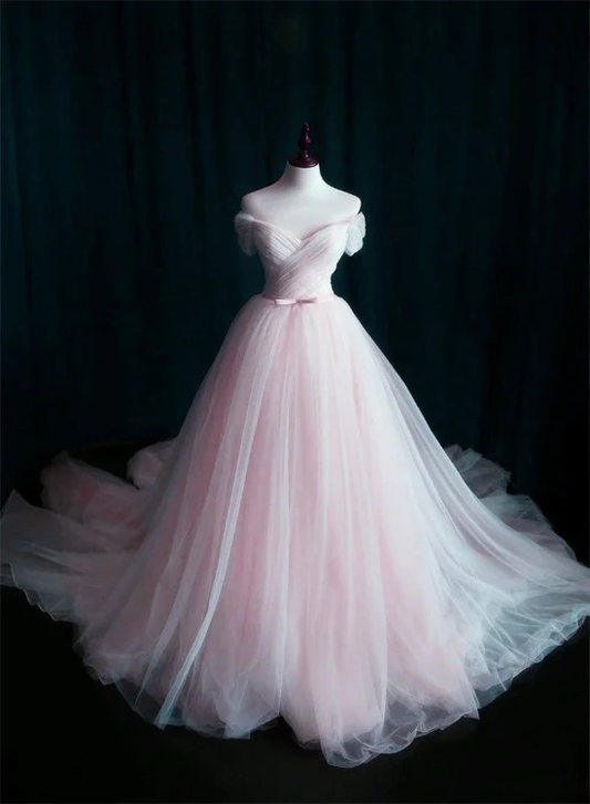 Robe de soirée de mariage longue en tulle rose avec décolleté en cœur et ceinture, robe de soirée rose gh68