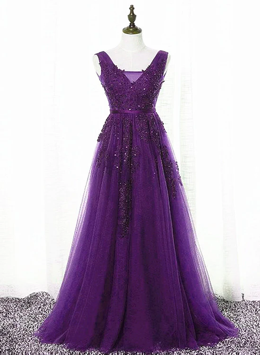 Schönes lila Tüll A-Linie Partykleid, langes Brautjungfernkleid gh305