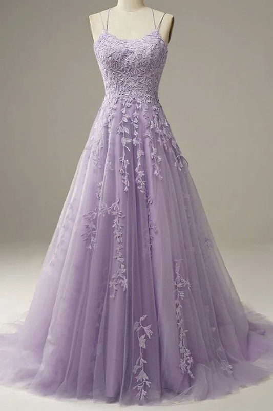 Custom Made Lace Lilac Prom Dresses Long Evening Dress Spaghetti Straps Formal Gown with Train  gh1151