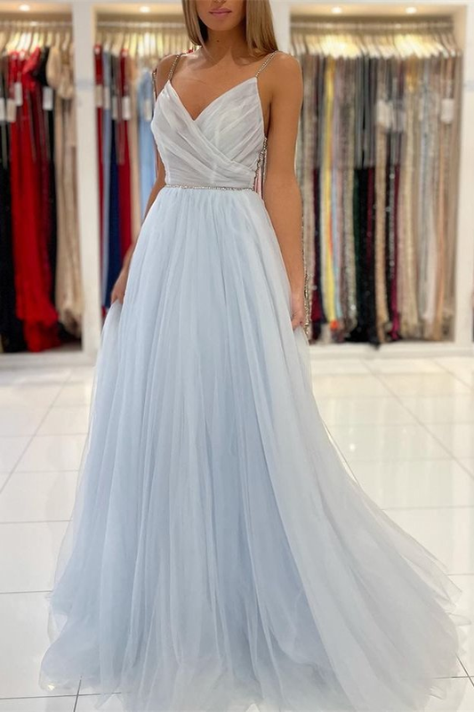 Light Sky Blue Spaghetti-Straps Tulle Long Prom Dress With Beads gh660