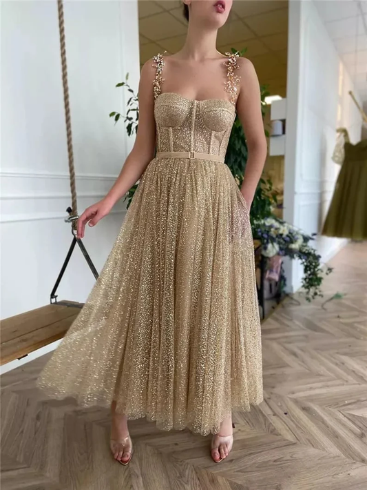 Gold Pailletten Tüll Korsett Fee Sternenlicht Kleid langes Ballkleid Abendkleid gh1047