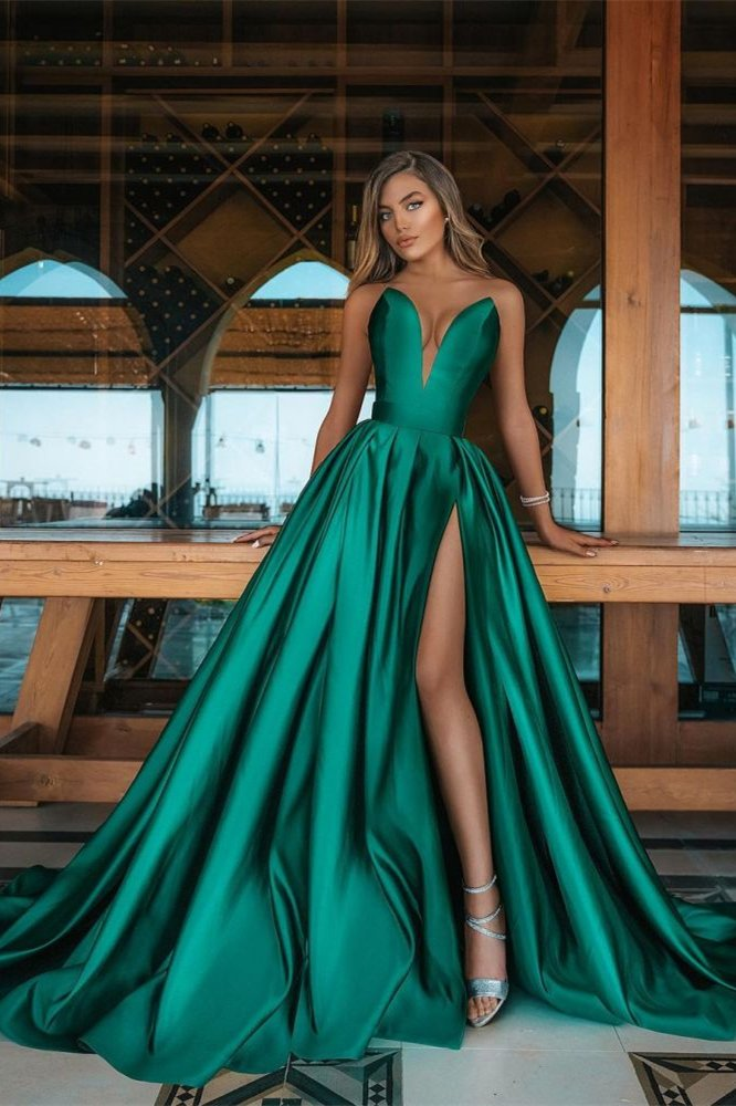 Emerald Green V-Neck Prom Dress Long With Split gh662