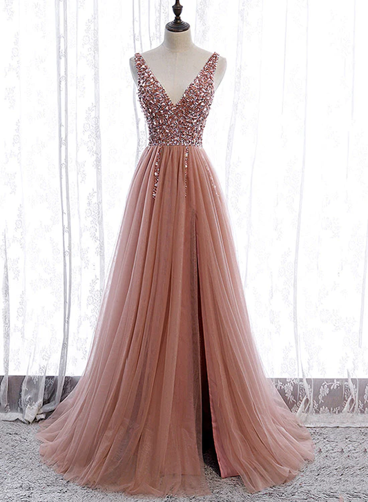 Robe de bal longue rose scintillante en tulle perlé fendue, robe de soirée rose à décolleté en V gh161