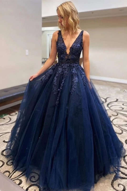 A Line V Neck Dark Blue Lace Beaded Prom Dresses, Dark Blue Lace Long Formal Evening Dresses gh1163