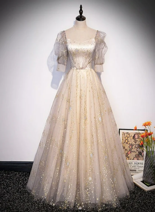 Light Champagne Short Sleeves Tulle Long Formal Dress, A-Line Floor Length Party Dresses  gh15