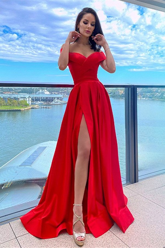 Red Off-the-Shoulder Prom Dress With Split gh626