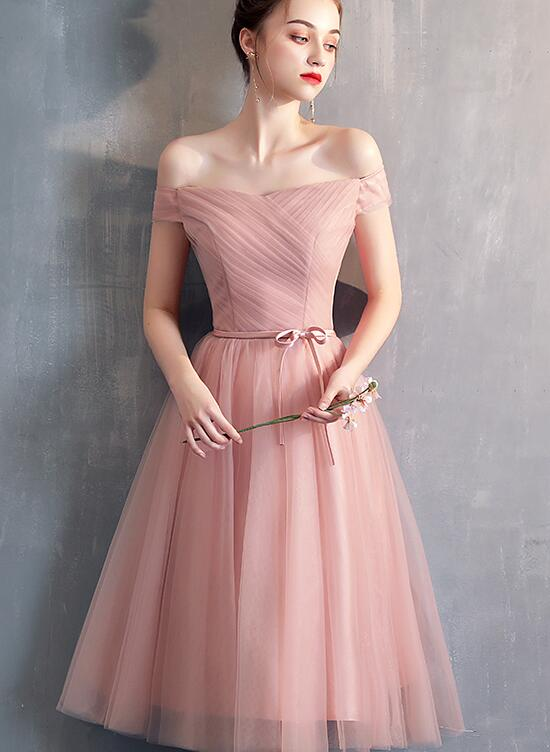 Robe de soirée courte simple en tulle rose à épaules dénudées, robes de bal roses gh81