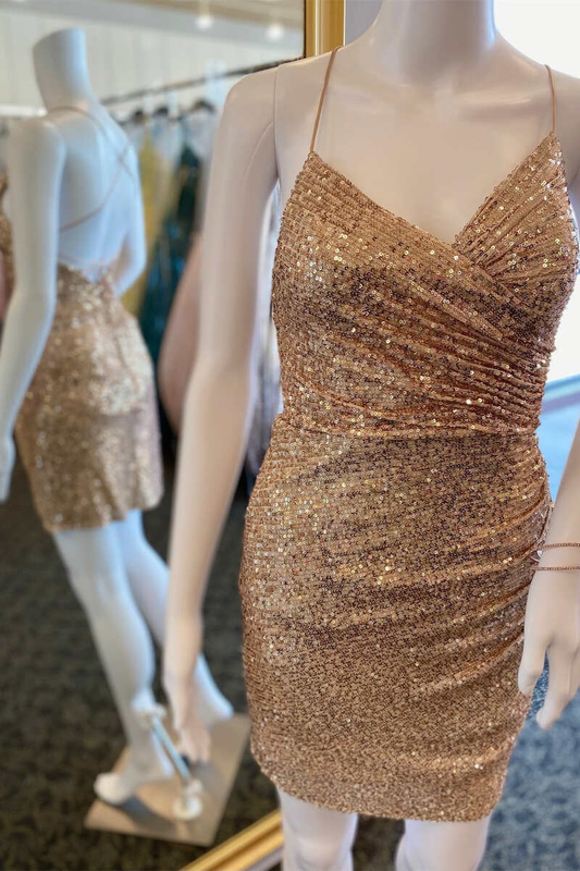Gold Sequin Lace-Up Short Cocktail Gown  gh1228