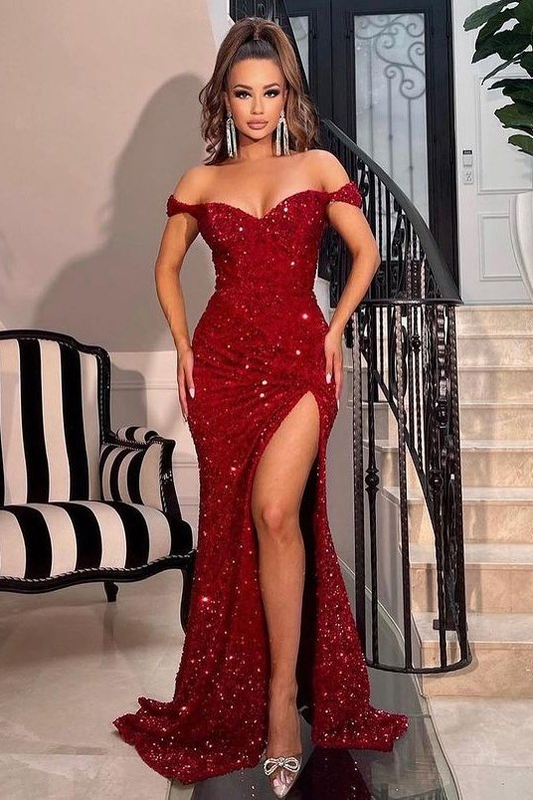 Red Off-The-Shoulder Sweetheart Sequins Mermaid Prom Dress With Split gh741