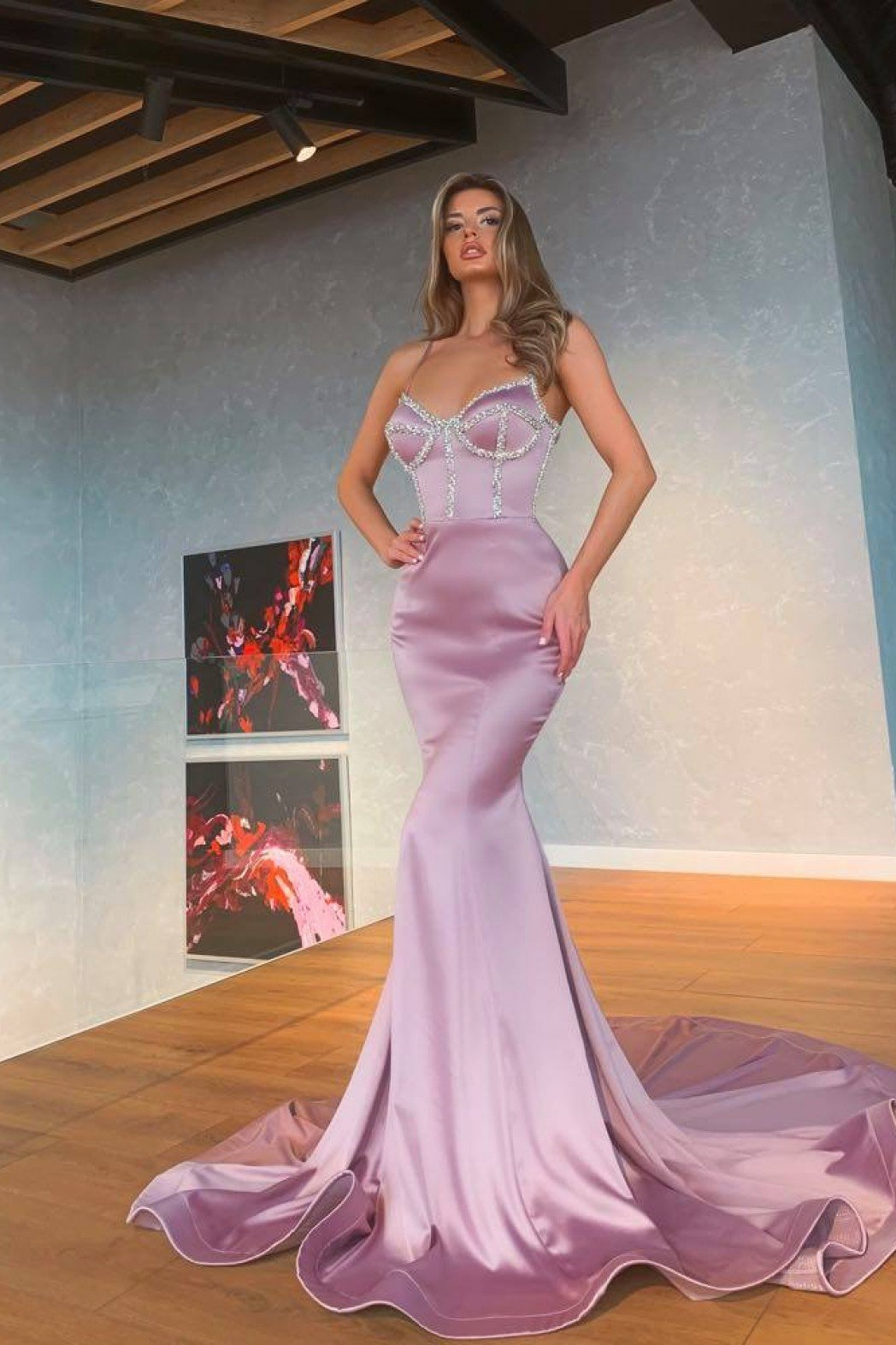 Light Purple Spaghetti-Straps Mermaid Prom Dress With Sequins gh1112