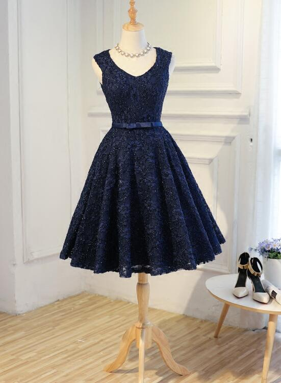 Navy Blue Lace Vintage Knee Length Bridesmaid Dress, Charming Lace Party Dress gh491