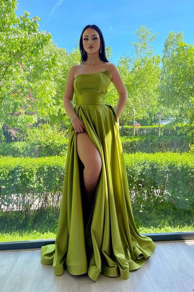Elegant Green Strapless A-Line Prom Dress With Split gh774