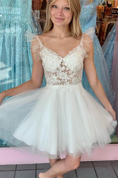 Robe de soirée courte blanche princesse à appliques en forme de A gh1499