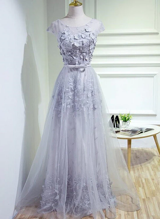 Grau A-Linie Tüll Langes Ballkleid, Partykleid Graues Brautjungfernkleid gh427