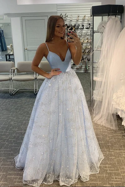 A-Line Tulle V-Neck Long Prom Dress With Sequins, Evening Dress gh1179