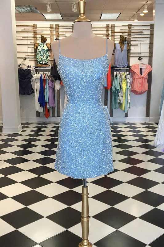 Robe courte à sequins bleu ciel avec lacets dans le dos gh1470