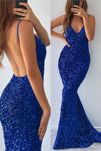 Royal Blue Spaghetti-Straps Blue V-neck Mermaid Prom Dress Split With Sequins gh767