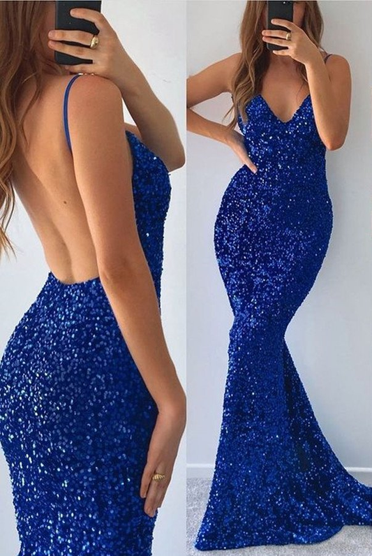 Royal Blue Spaghetti-Straps Blue V-neck Mermaid Prom Dress Split With Sequins gh767