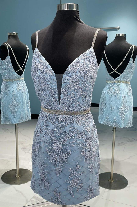 Robe de soirée moulante brodée bleu clair à bretelles gh1479