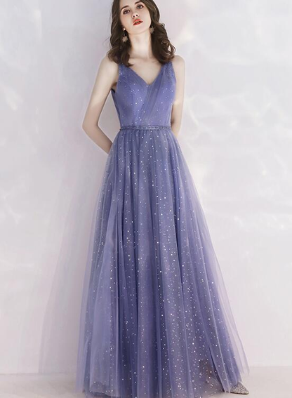 Charming Tulle Purple V-Neckline Long Formal Dress, Shiny Tulle Low Back Wedding Party Dress  gh96