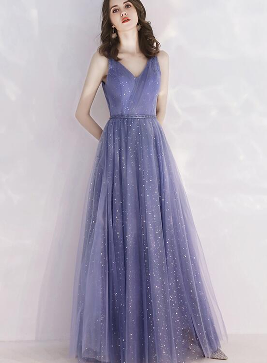 Charmante robe de soirée longue en tulle violet à décolleté en V, robe de soirée de mariage en tulle brillant à dos bas gh96