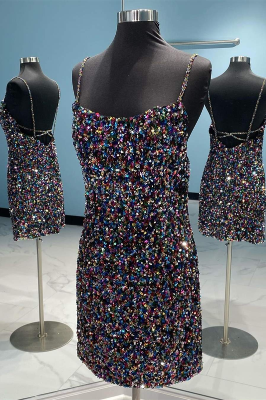 Robe de soirée moulante courte à paillettes noires colorées gh1480