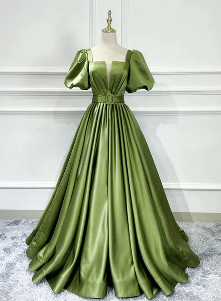 Green Satin Short Sleeves Long Evening Party Dresses, Green Formal Party Dresses gh0002