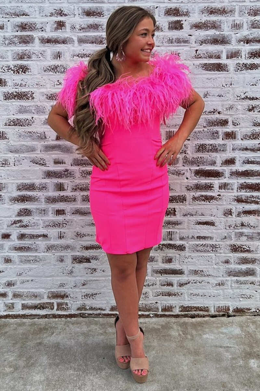 Hot Pink Off-the-Shoulder Feathered Short Party Dress gh1239