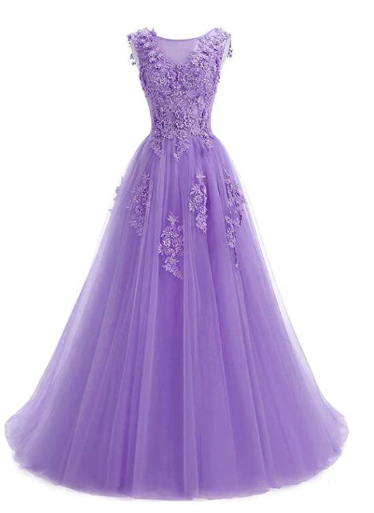 Schönes Lavendel Tüll Langes Abendkleid A-Linie Partykleid gh605