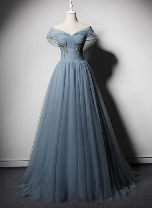 Grey-Blue Tulle Off Shoulder Beaded Long Prom Dress Party Dress, Long Evening Gowns  gh16