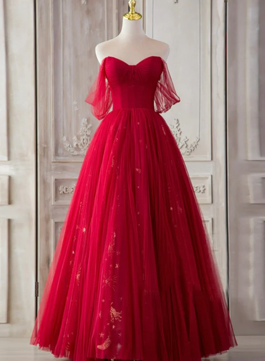 Red Sweetheart Tulle Long Beautiful Prom Dresses, Wine Red Party Dresses Evening Gown  gh9